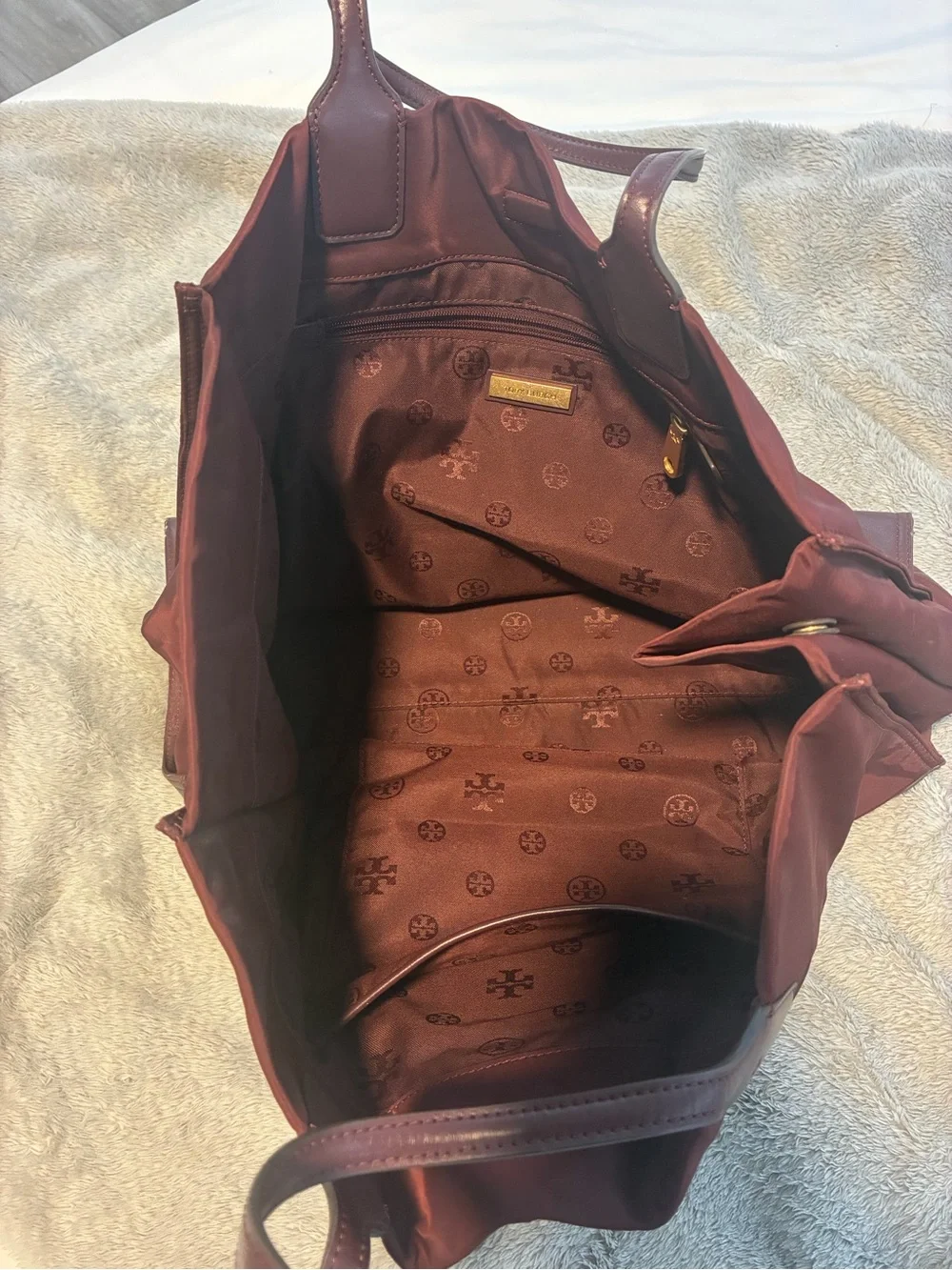 Tory Burch Burgundy Nylon and Leather Logo Tote